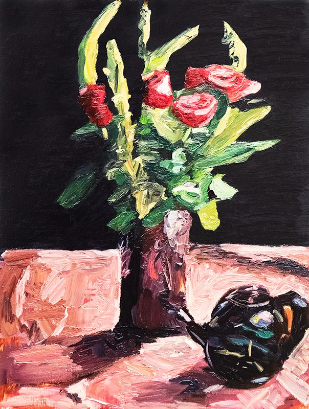 Roses in Tall Black Vase