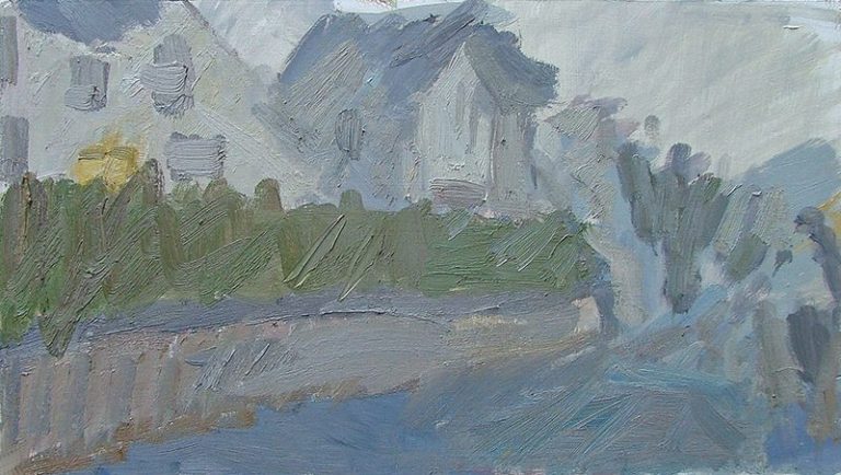 January Houses, Grey Weather, Oil Painting